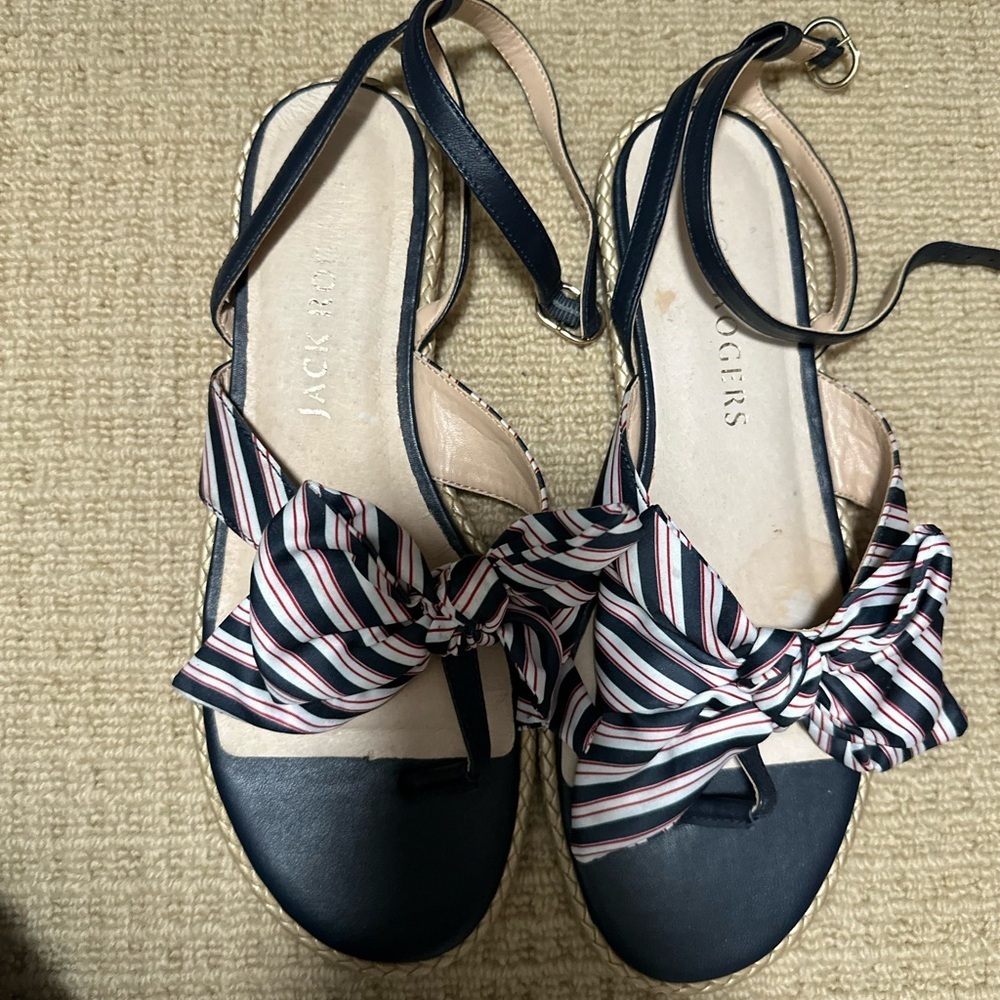 Jack Rogers Striped Bow Sandals in Navy and Gold - Picture 2 of 6